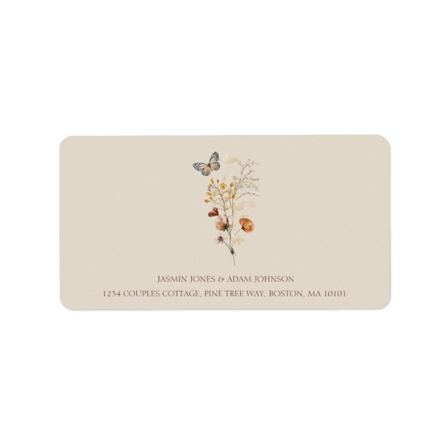 Étiquette Mariage Papillon Fleur Sauvage Brun Rustique (Devant)