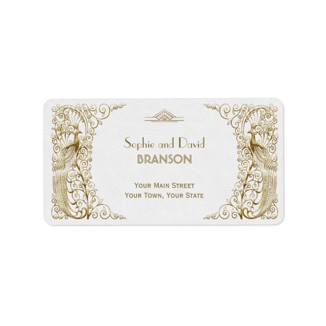 Étiquette Mariage Peacocks Art déco or blanc (Devant)