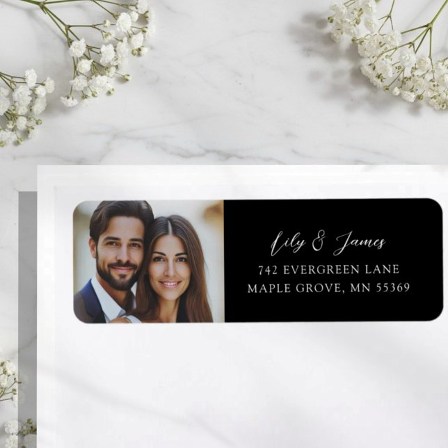 Étiquette Mariage Photo Noir Blanc Minimaliste  (Créateur téléchargé)