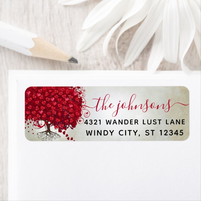 Étiquette Mariage Red Heart Leaf Tree Adresse de retour (En situation)