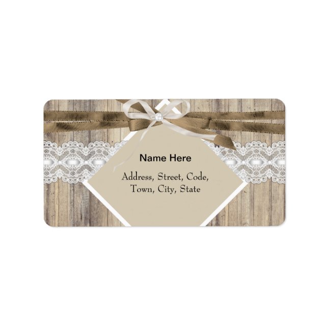Étiquette Mariage Rustique Beige Blanc Dentelle Bois Toile d (Devant)