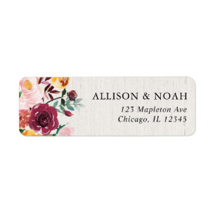 Étiquette Mariage rustique de Bourgogne d'aquarelle florale