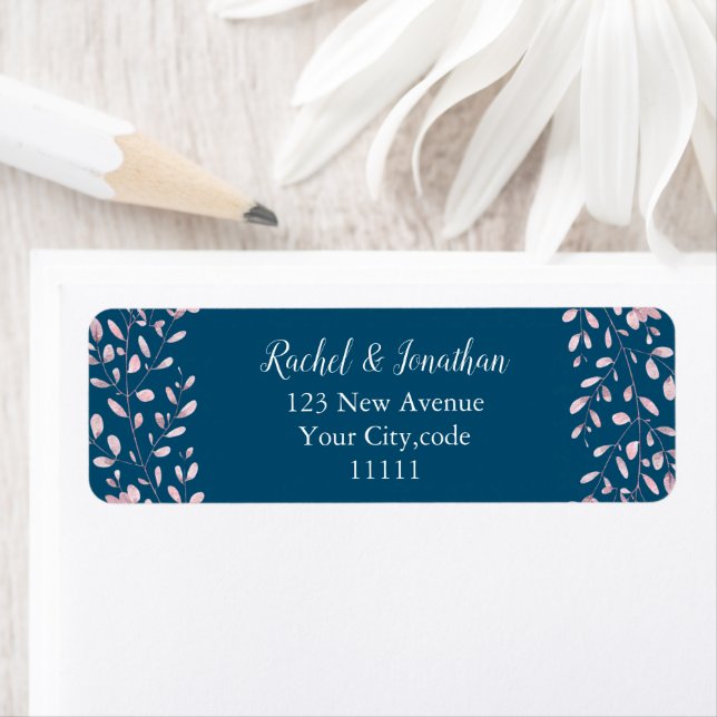 Étiquette Mariage Saphir Rose Pâle Feuillage Délicat (En situation)