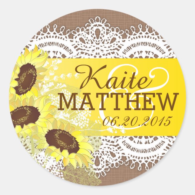 Étiquette Mariage Sunflower Lace Burlap (Devant)
