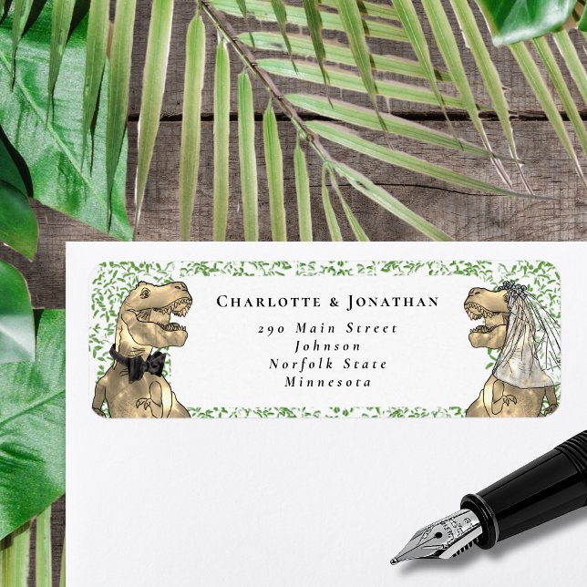 Étiquette Mariage sur le thème des dinosaures Adresse de ret (T-Rex bride and groom dinosaur wedding invitation return address label Watercolor foliage )