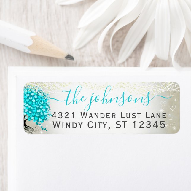 Étiquette Mariage Turquoise Sarcelle Bleu Aqua Cœur Feuille  (En situation)