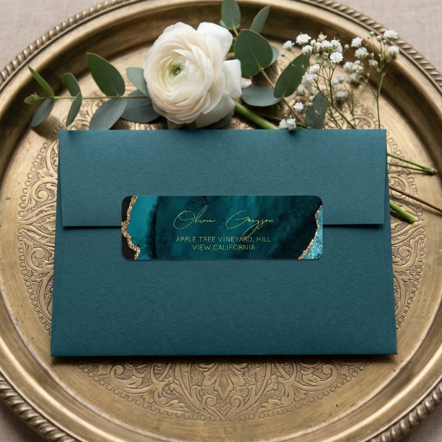 Étiquette Mariage Turquoise Vert Marbre Moderne  (Créateur téléchargé)
