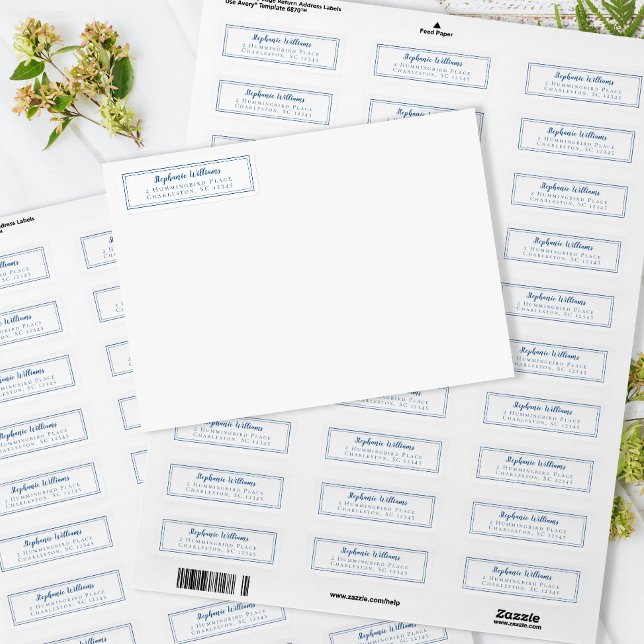 Étiquette Mariages Simples Adresse de Retour RSVP Bleu Blanc (Créateur téléchargé)