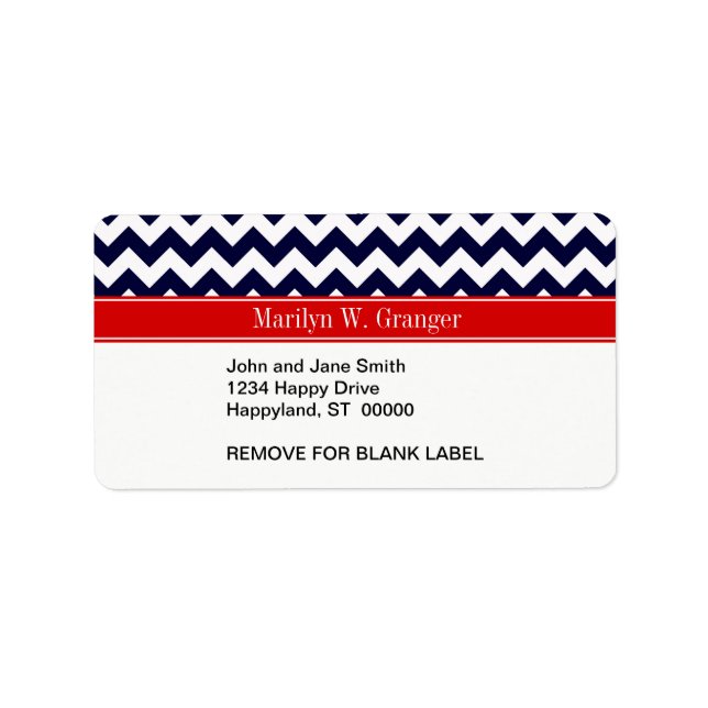 Étiquette Marine Bleu Blanc Chevron Zig Zag Rouge Nom Monogr (Devant)