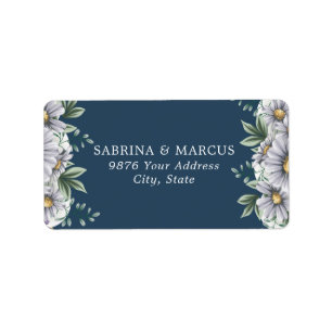 Étiquette Marine Blue Daisy Floral Feuille Mariage Adresse