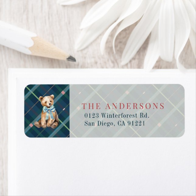 Étiquette Marine Blue Plaid Teddy Bear Bow Adresse de retour (En situation)