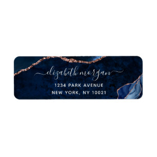 Étiquette Marine Blue Rose Gold Foil Agate Adresse de retour