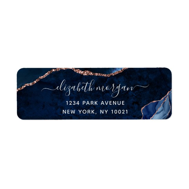 Étiquette Marine Blue Rose Gold Foil Agate Adresse de retour (Devant)