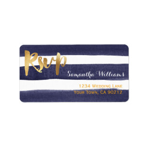 Étiquette Marine Blue Watercolor Stripes Gold Wedding RSVP