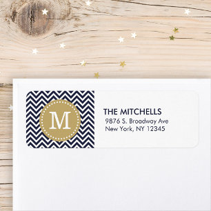 Étiquette Marine et Gold Chevron Monogram Adresse de retour