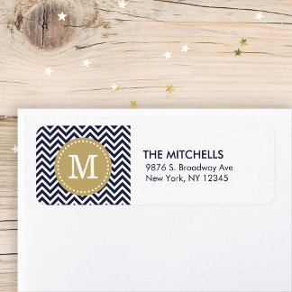 Étiquette Marine et Gold Chevron Monogram Adresse de retour