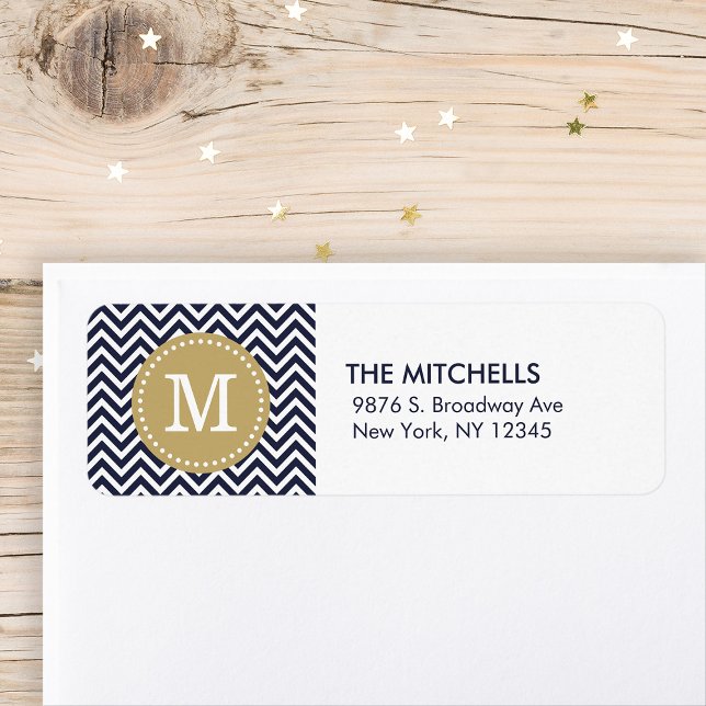 Étiquette Marine et Gold Chevron Monogram Adresse de retour (Créateur téléchargé)