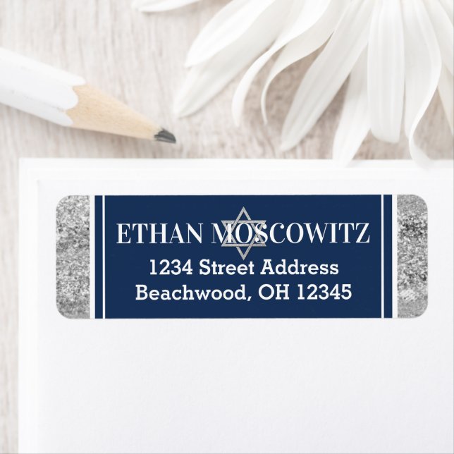 Étiquette Marine, Grey, Étoile blanche de David Bar Mitzvah (En situation)