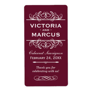 Étiquette Maroon Mariage Vin Bouteille Monogramme Favoriser
