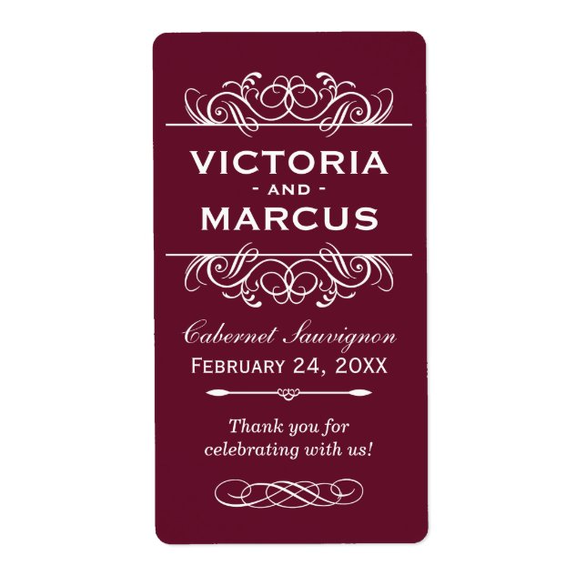 Étiquette Maroon Mariage Vin Bouteille Monogramme Favoriser  (Devant)