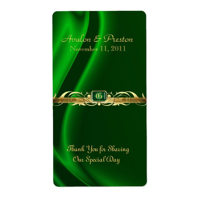 Étiquette Marquis Green Silk Gold Scroll Vin Mariage Étiquet (Devant)