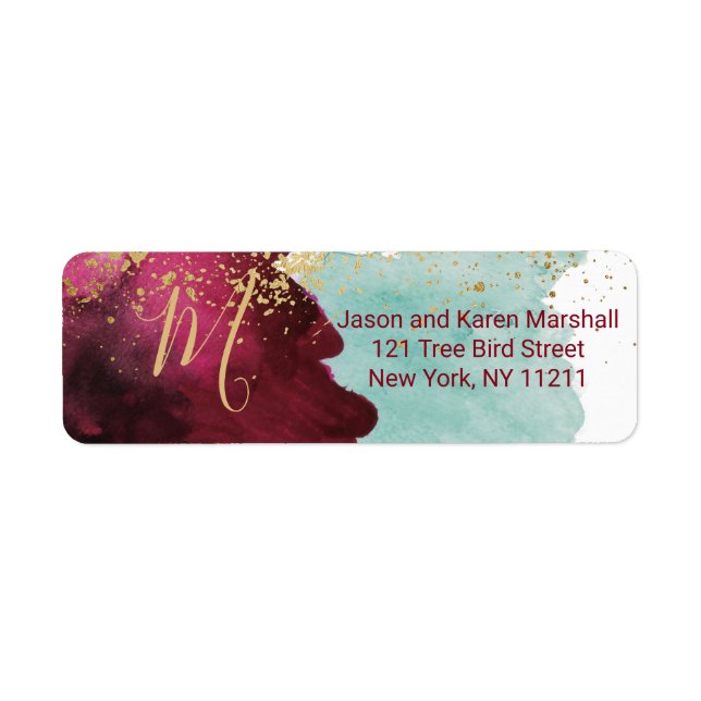 Étiquette Marsala Rouge Turquoise Aquarelle Gold Splash Adre (Devant)