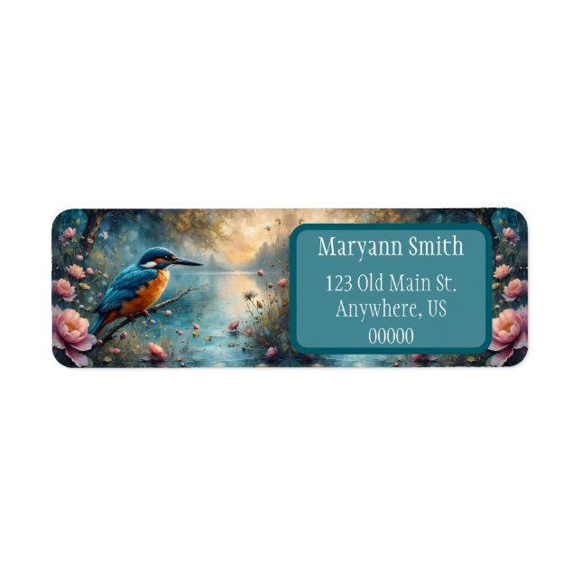 Étiquette Martin-pêcheur perché au-dessus de l'eau fleurs ro (Devant)
