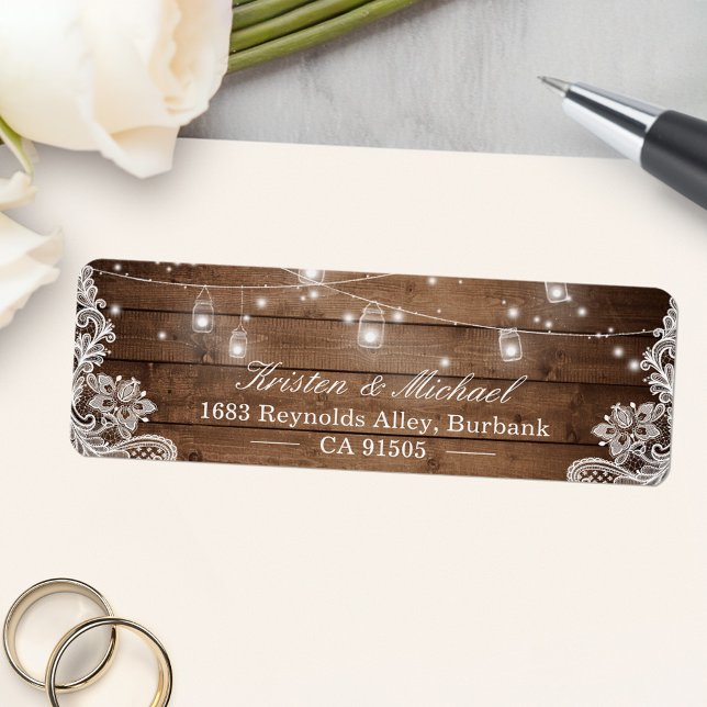 Étiquette Mason Jar Éclairage à cordes rustique Pays Dentell (Créateur téléchargé)