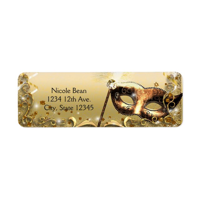 Étiquette Masque de mascarade doré pour fête d'anniversaire  (Devant)