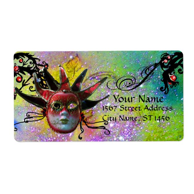 Étiquette MASQUE JESTER NOIR ET ROUGE, Fête Masquerade viole (Devant)