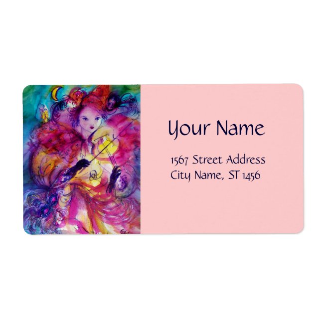 Étiquette MASQUERADE NUIT Carnaval Musicien en costume rose (Devant)