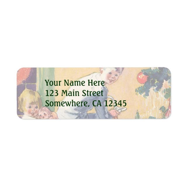 Étiquette Matin de Noël Vintage, Enfants avec Présents (Devant)