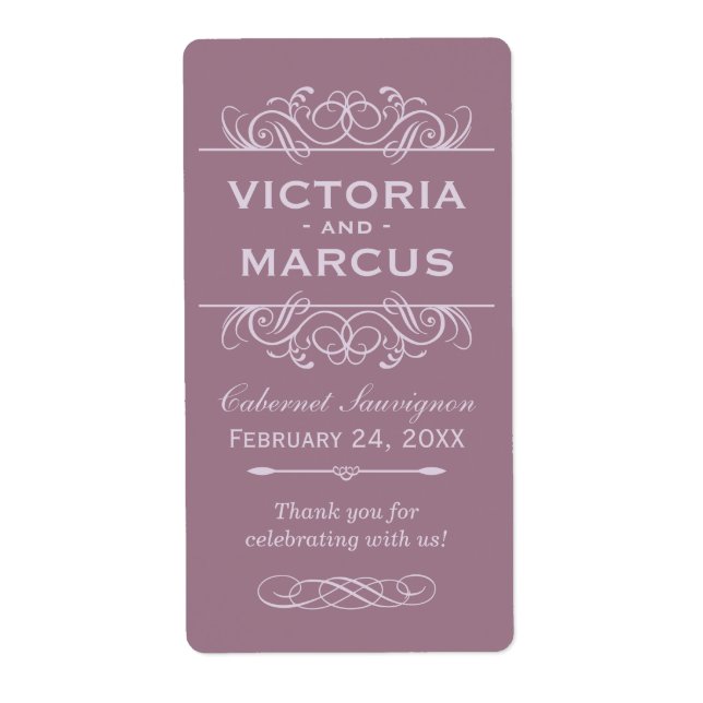 Étiquette Mauve Mariage Vin Bouteille Monogramme Favoriser l (Devant)