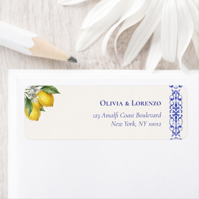 Étiquette Mediterranean Blue & Lemon Branch Wedding Return (En situation)