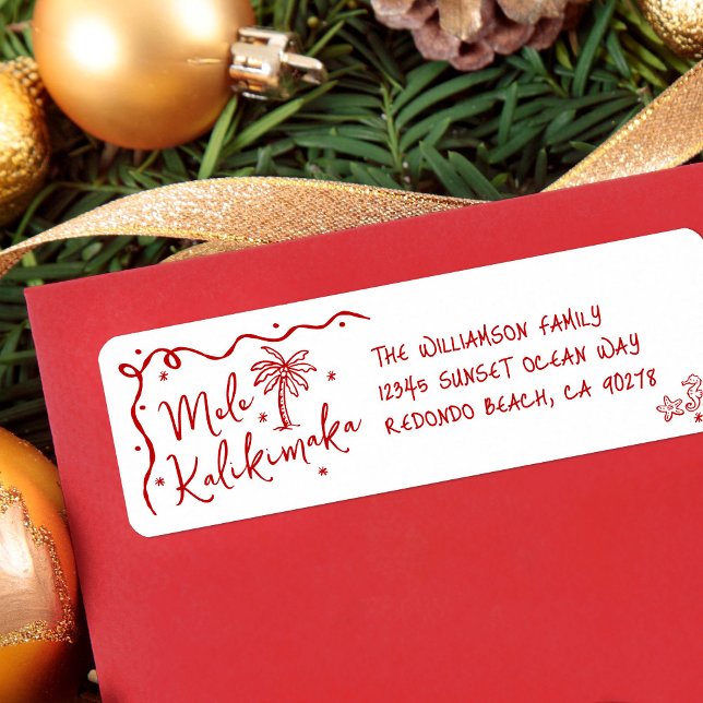Étiquette Mele Kalikimaka Red Hand Drawn Christmas Address (Créateur téléchargé)