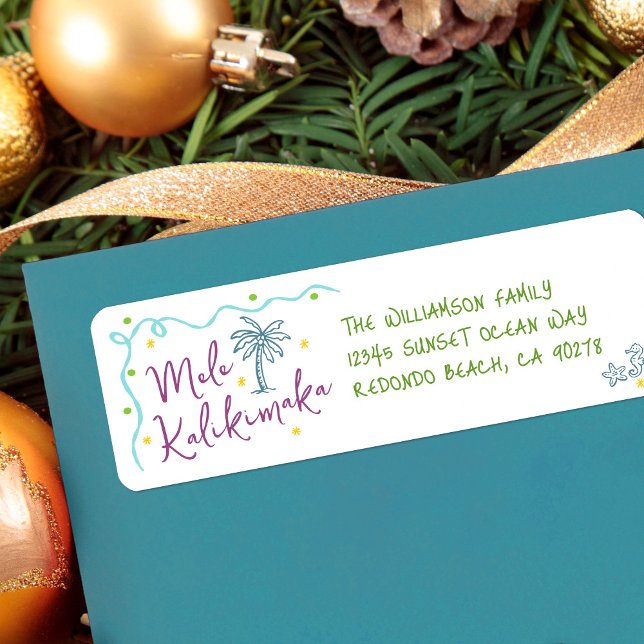 Étiquette Mele Kalikimaka Teal Purple Green Doodles Address (Créateur téléchargé)