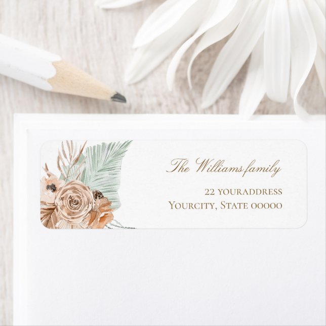 Étiquette menthe beige boho fleurs pampas herbe (En situation)