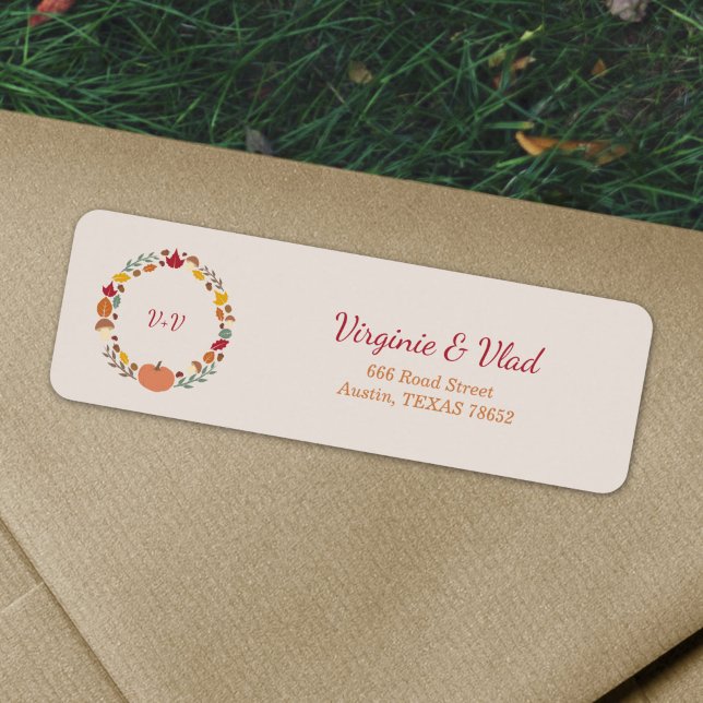 Étiquette Mention d'adresse de retour de courroie et de Mari (Wreath & Fall Wedding Return address label)