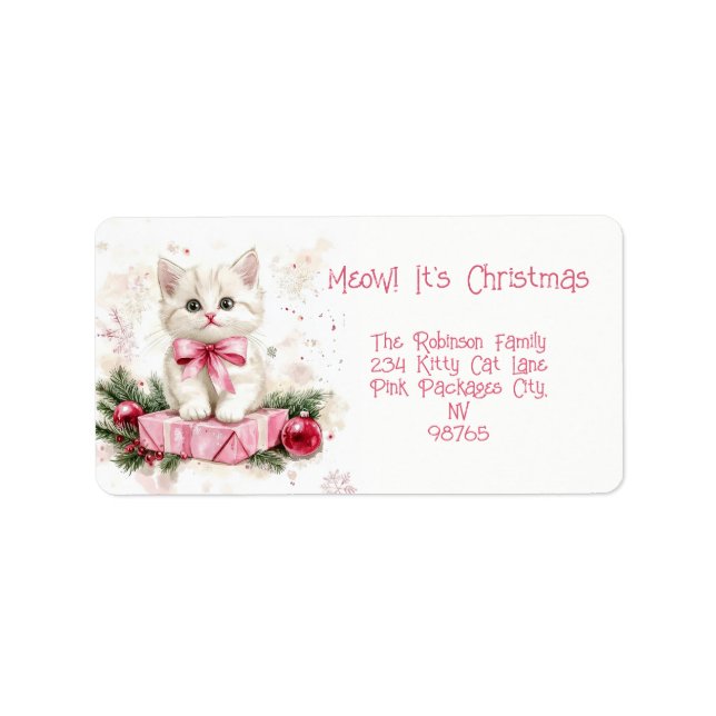 Étiquette Meow Christmas Kitten rose (Devant)