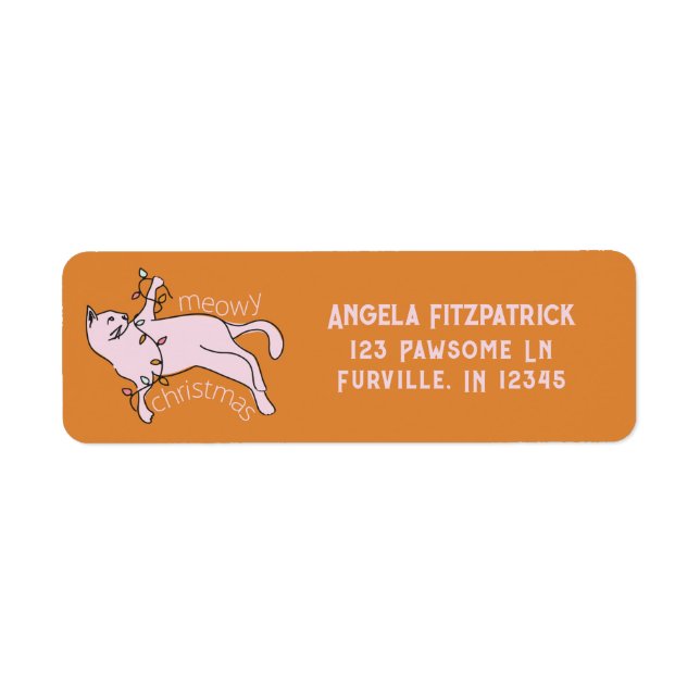 Étiquette Meowy Christmas Pink Cat Lights Retourner l'adress (Devant)