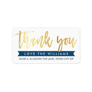 Étiquette MERCI adresse de retour lettre main marine or