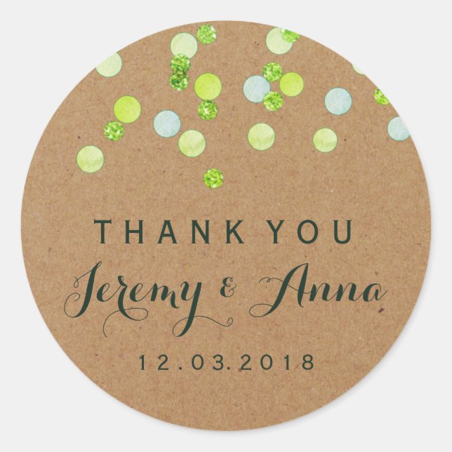 Étiquette Merci Kraft Vert Confetti Moderne (Devant)