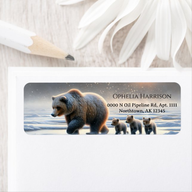 Étiquette Mère Grizzly Oursons Toundra Arctique Gelée (En situation)