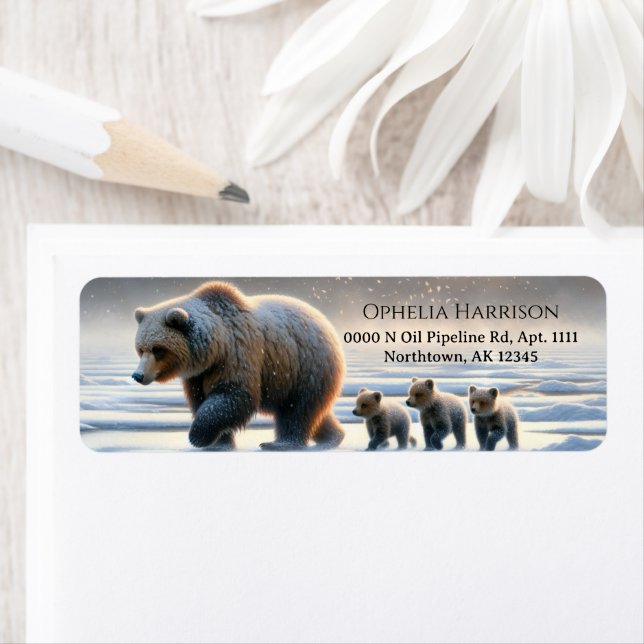 Étiquette Mère Grizzly Oursons Toundra Arctique Gelée (En situation)