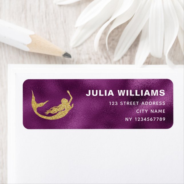 Étiquette Mermaid Anniversaire Purple Gold (En situation)