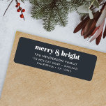 Étiquette Merry and Bright Black and White Trendy Christmas<br><div class="desc">A stylish modern holiday return address label with a bold retro typography quote "merry & bright" in white on an off black background. The greeting and address can be easily customized to suit your needs. A trendy fun design to stand out this holiday season!</div>
