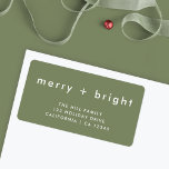 Étiquette Merry and Bright | Green Christmas Return Address<br><div class="desc">Simple, stylish, trendy "merry bright" return address label with modern minimalist typography in white on a rich moss green background. The greeting, name and address can be easily customized for a personal touch. A quirky, unique christmas label to be paired with our complementary range of cards will mean you stand...</div>