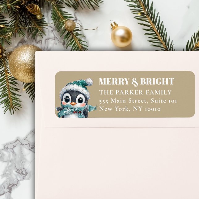 Étiquette MERRY & BRIGHT ! Adorable, Pingouin Avec Chapeau D (MERRY & BRIGHT! Adorable, Penguin With Santa Hat, Address Return Label.)