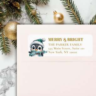Étiquette MERRY & BRIGHT ! Adorable, Pingouin Avec Chapeau D