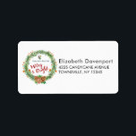 Étiquette Merry & Bright Christmas Wreath<br><div class="desc">Étiquettes de adresse de Noël avec une couronne d'aquarelle. Seringues de pin vert,  cônes de pin et baies décoratives composent cette couronne festive. À l'intérieur de la couronne sont quelques ornements décoratifs et les mots" mai vos jours être Joyeux et lumineux. Écrit dans une police rouge tendance.</div>